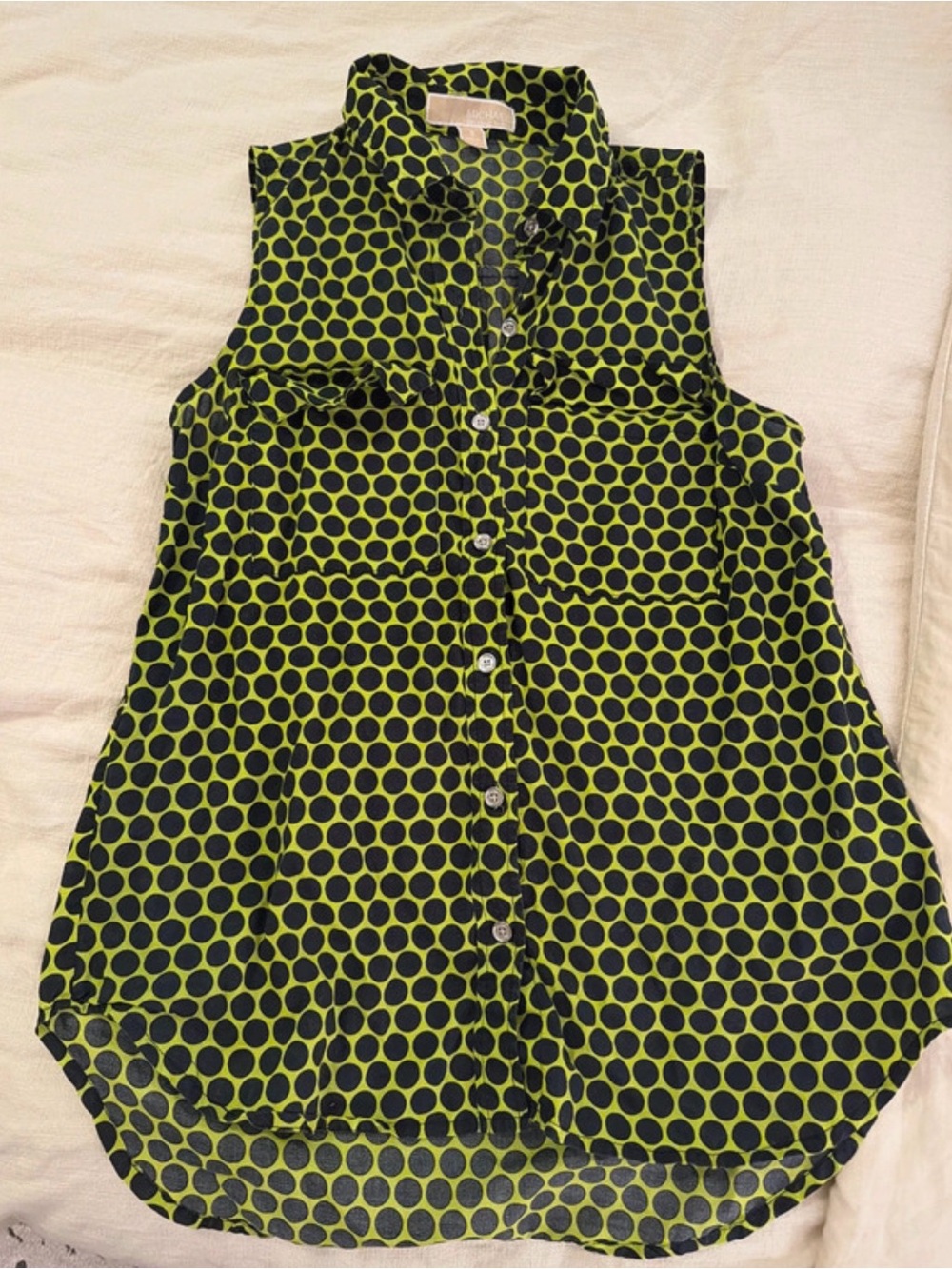 Michael Kors Sleeveless Polka Dot Button-Down Top - Lime & Black